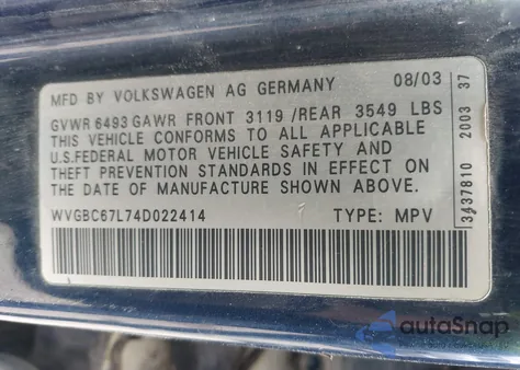 2004 Volkswagen Touareg V6 из США, поврежденный, VIN WVGBC67L74D022414